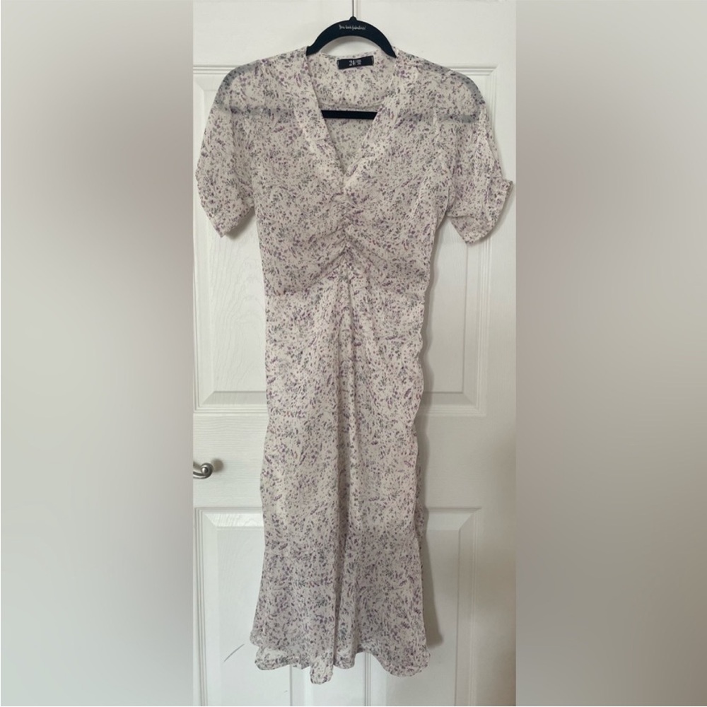 White Midi Dress with Lilac Floral Print and V-Neck